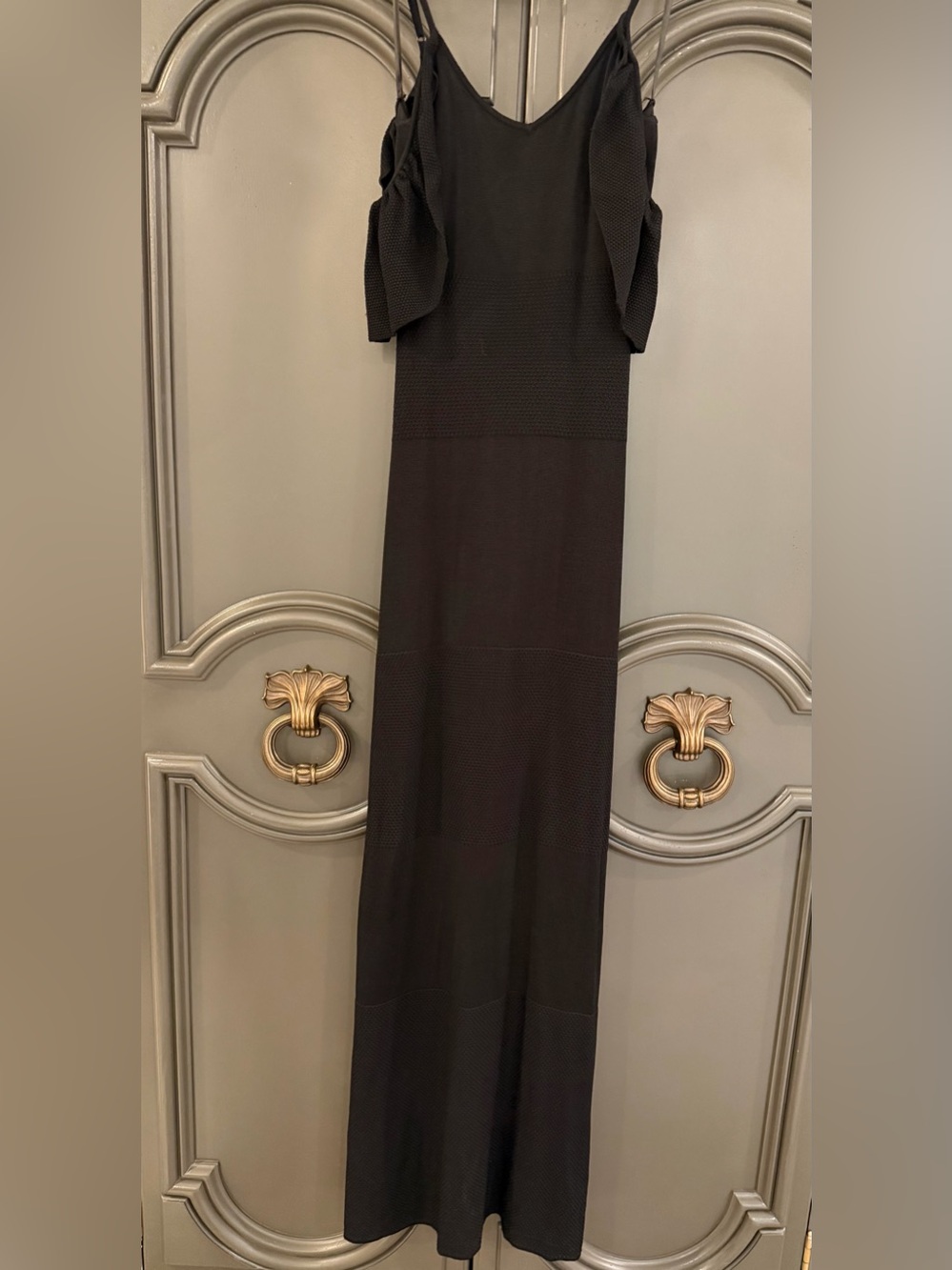 bebe Black Maxi Dress with Ruffle Shoulder Straps